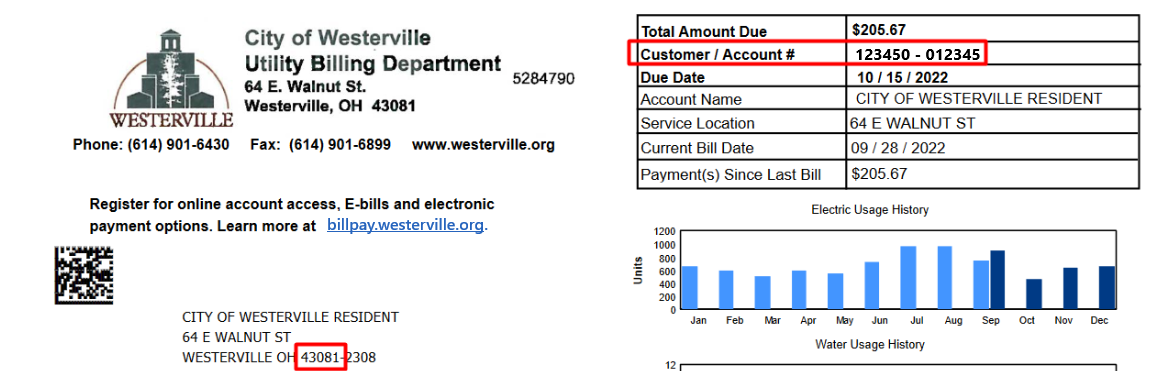 You can find your account number and meter number on your bill as shown.